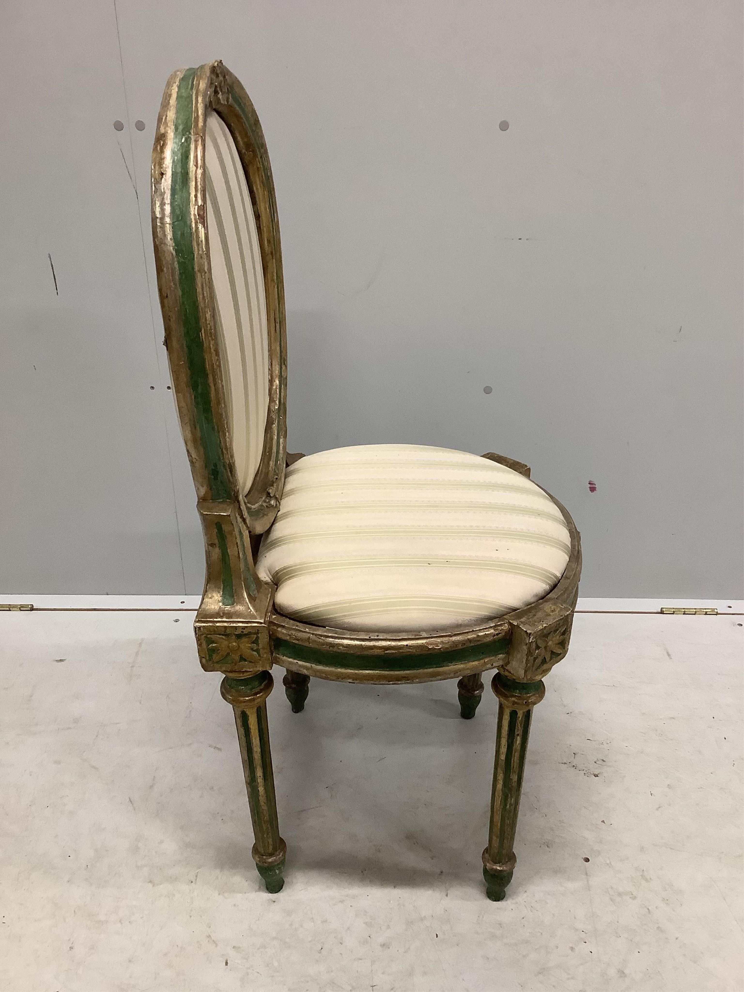 A set of six early 19th century Venetian painted, silvered parcel gilt side chairs, width 44cm, depth 40cm, height 99cm. Condition - fair to good
